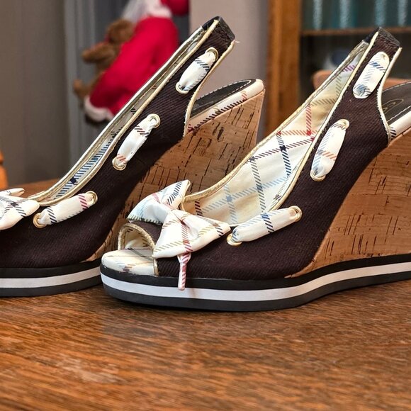 Coach Peep Toe Brown & Plaid Wedges - Picture 2 of 5
